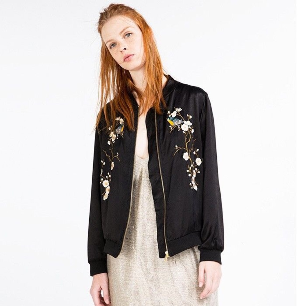 Zara satin floral embroidered bomber jacket
